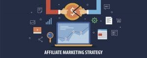 Schema van een affiliate-marketingstrategie met een laptop en pictogrammen