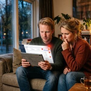 Stel op de bank twijfelt bij het boeken van een hotel op een tablet vol rode en oranje meldingen