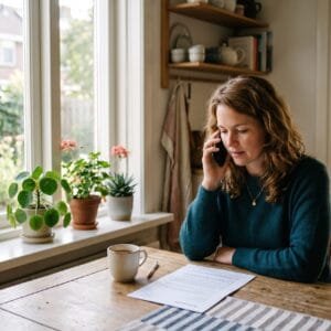 Vrouw belt aan de keukentafel met haar zorgverzekeraar over de verwijsbrief die voor haar ligt