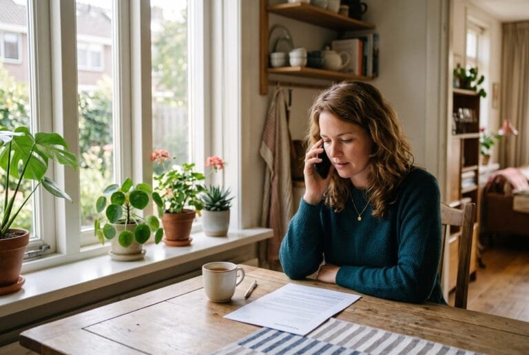 Vrouw belt aan de keukentafel met haar zorgverzekeraar over de verwijsbrief die voor haar ligt