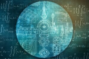Blauwe cirkel vol wiskundige formules en technische tekeningen