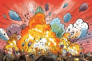 Cartoon explosie social media smartphones