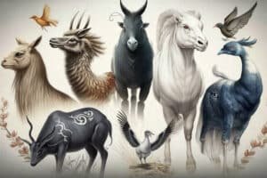 Tekening van dieren uit de Chinese dierenriem, waaronder een os en een paard, naast elkaar op een lichte achtergrond