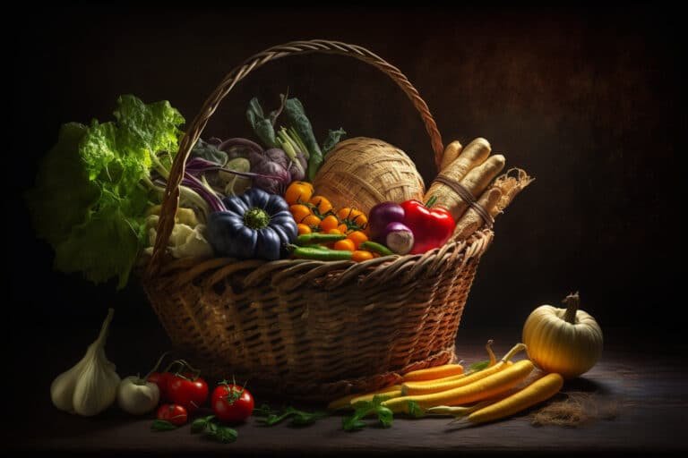 Mand vol groente en fruit op een donkere tafel