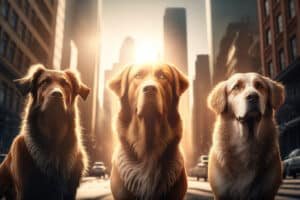 Honden op zonnige dag in de stad