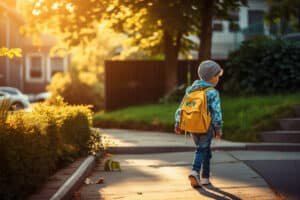 Jongen met een gele rugzak en een muts loopt in het ochtendlicht over de stoep naar school