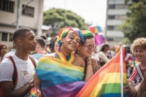Twee lachende jonge mensen met regenboogvlaggen en regenboogmake-up tussen de menigte tijdens een Pride-optocht