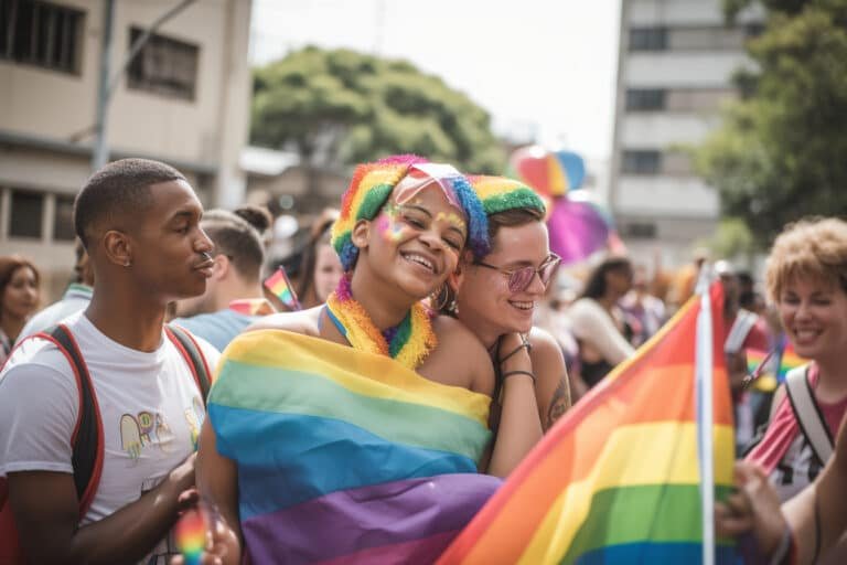 Twee lachende jonge mensen met regenboogvlaggen en regenboogmake-up tussen de menigte tijdens een Pride-optocht