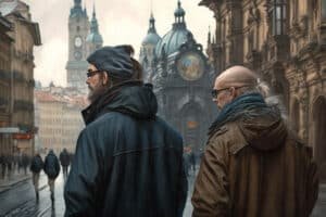 Twee mannen in winterjassen in een oude straat in Praag met torens op de achtergrond