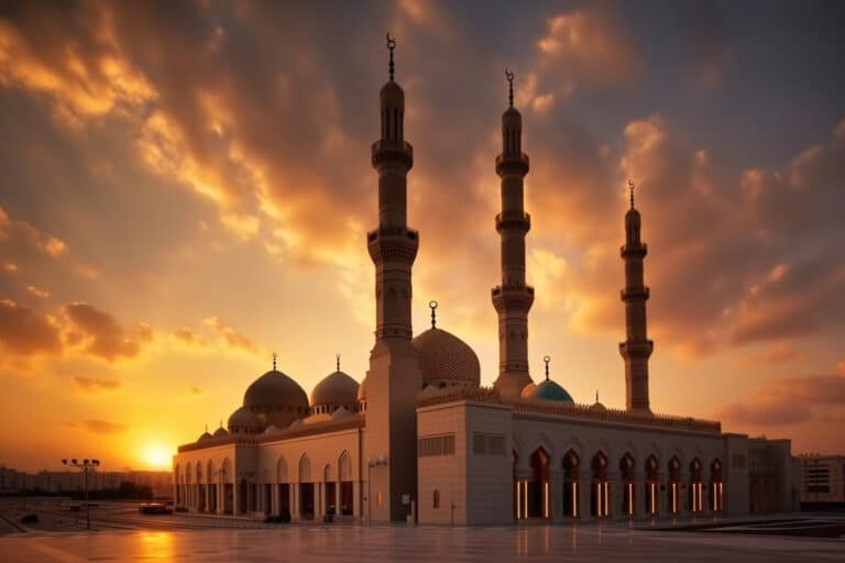 Moskee met minaretten bij zonsondergang