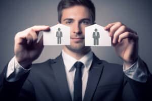 Personeel vs outsourcing - Man die twee kaartjes met zakenmensen laat zien