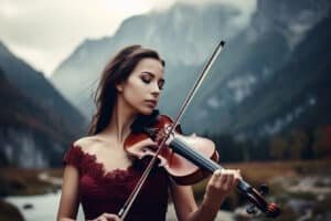 Violist speelt buiten tussen bergen