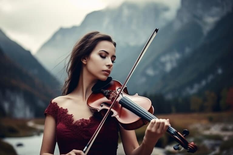 Violist speelt buiten tussen bergen