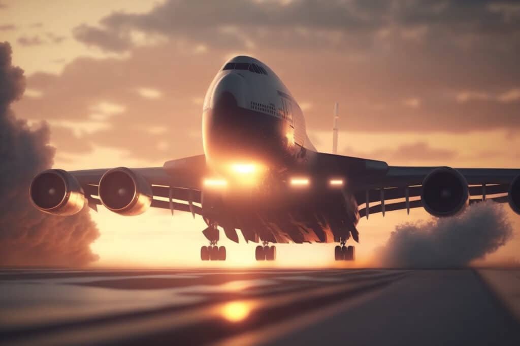 Vliegtuig stijgt op zonsondergang Amsterdam Airport