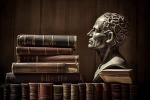 Zilveren beeld met oude boeken