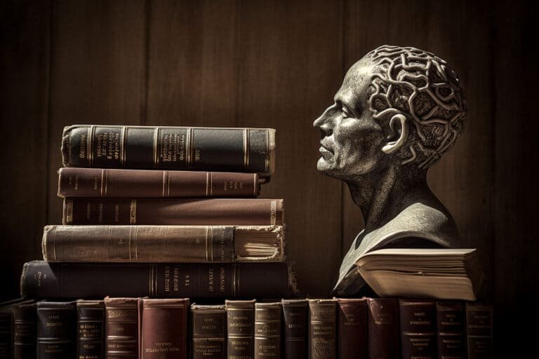 Zilveren beeld met oude boeken