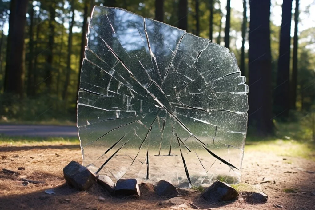 Gebroken glas in een bosrijke omgeving