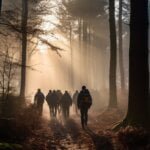 Groep wandelaars in het bos