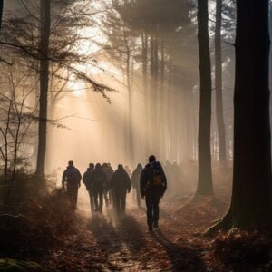 Groep wandelaars in het bos