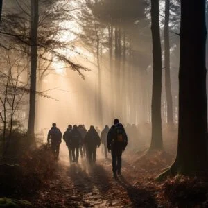 Groep wandelaars in het bos