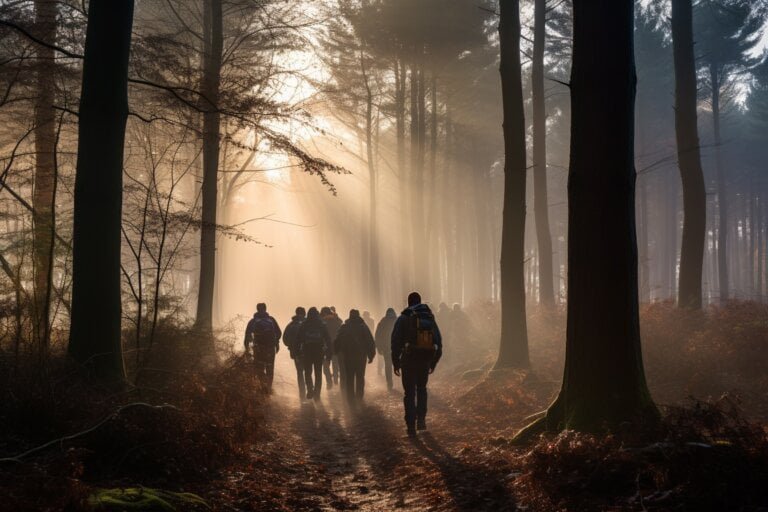 Groep wandelaars in het bos