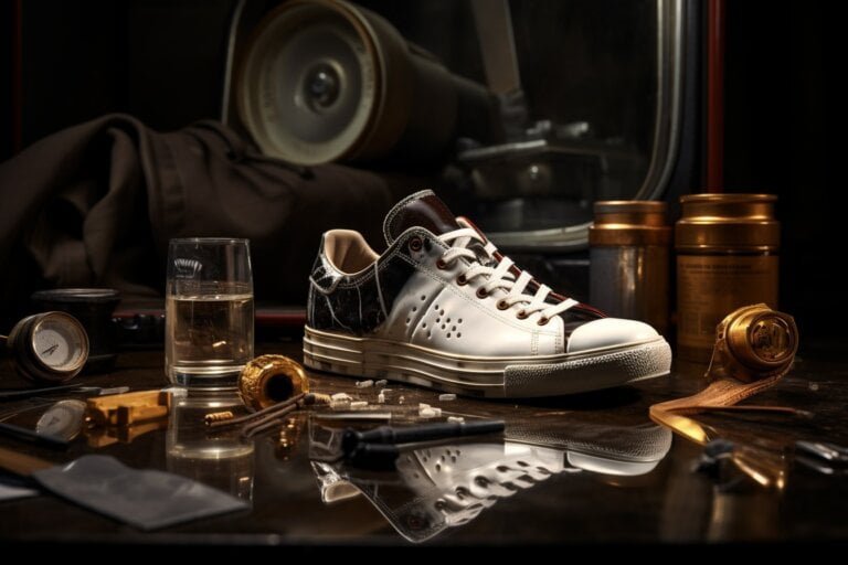 Zwart-witte sneakers tussen gereedschap en flesjes op een werkbank
