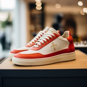 Witte sneaker met rode zool en logo op een tafel in een schoenenwinkel