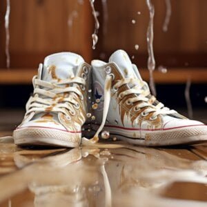Witte hoge sneakers op een natte ondergrond terwijl er water op druppelt