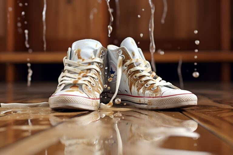 Witte hoge sneakers op een natte ondergrond terwijl er water op druppelt