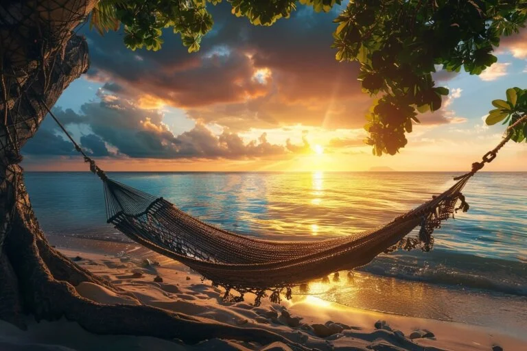 Hangmat aan het strand met zonsondergang