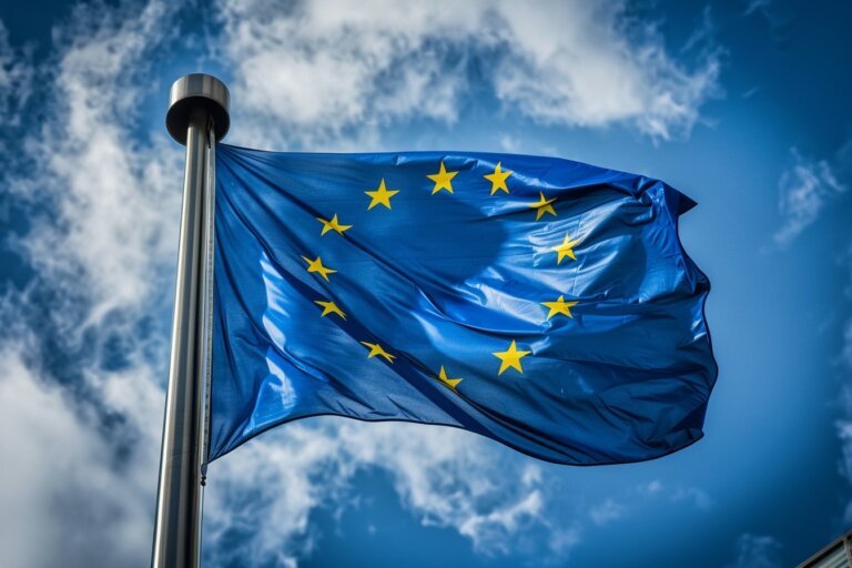 Vlag van de Europese Unie wappert aan een mast tegen een blauwe lucht