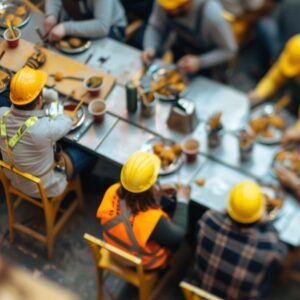Bouwvakker eten in schaftwagen
