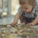 Peuter kruipt over geld munten