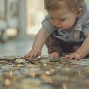 Peuter kruipt over geld munten