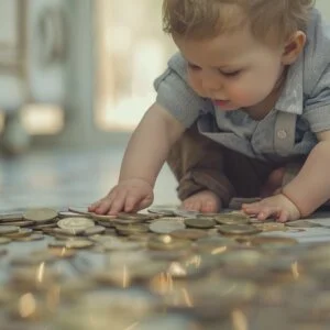 Peuter kruipt over geld munten