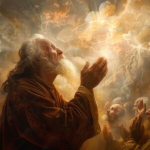 Schilderij van een oude man met baard die met gevouwen handen omhoog kijkt naar een lichtende hemel, omringd door biddende mensen