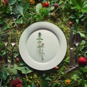 Bord met enkele plantjes en planten fruit en groente er omheen
