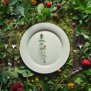 Bord met enkele plantjes en planten fruit en groente er omheen