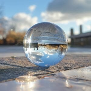Zicht op een glazen bol met de wereld onderste boven