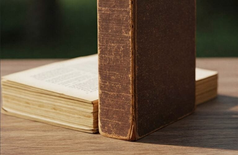 Opengeslagen oud boek naast een dichte leren band op tafel
