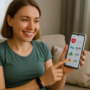 Vrouw laat lachend een gezondheidsapp op haar telefoon zien, met een sporthorloge om haar pols