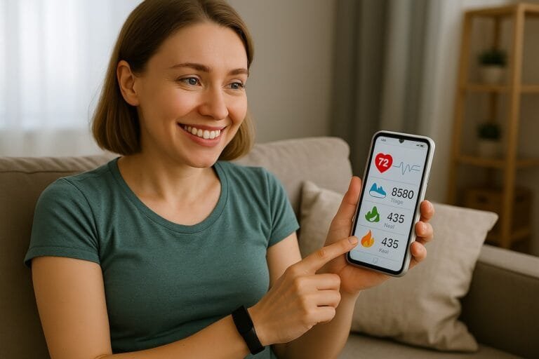 Vrouw laat lachend een gezondheidsapp op haar telefoon zien, met een sporthorloge om haar pols