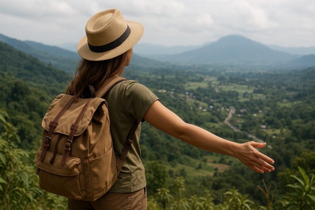 Vrouwelijke backpacker op duurzame vakantie