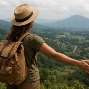 Vrouwelijke backpacker op duurzame vakantie