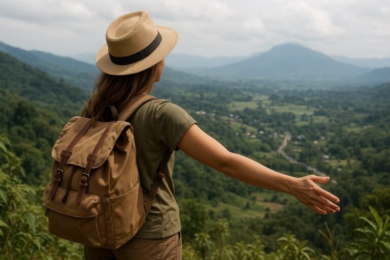Vrouwelijke backpacker op duurzame vakantie