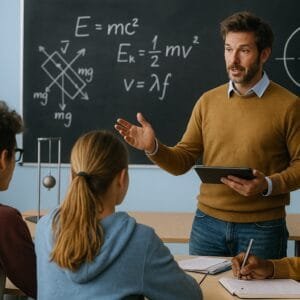 Natuurkunde leraar en studenten