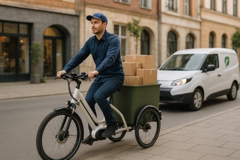 Bezorger op een elektrische bakfiets vol pakketten in een stadsstraat, met een bestelbus erachter