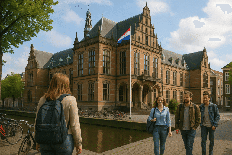Studenten lopen langs een historisch universiteitsgebouw met een Nederlandse vlag aan het water