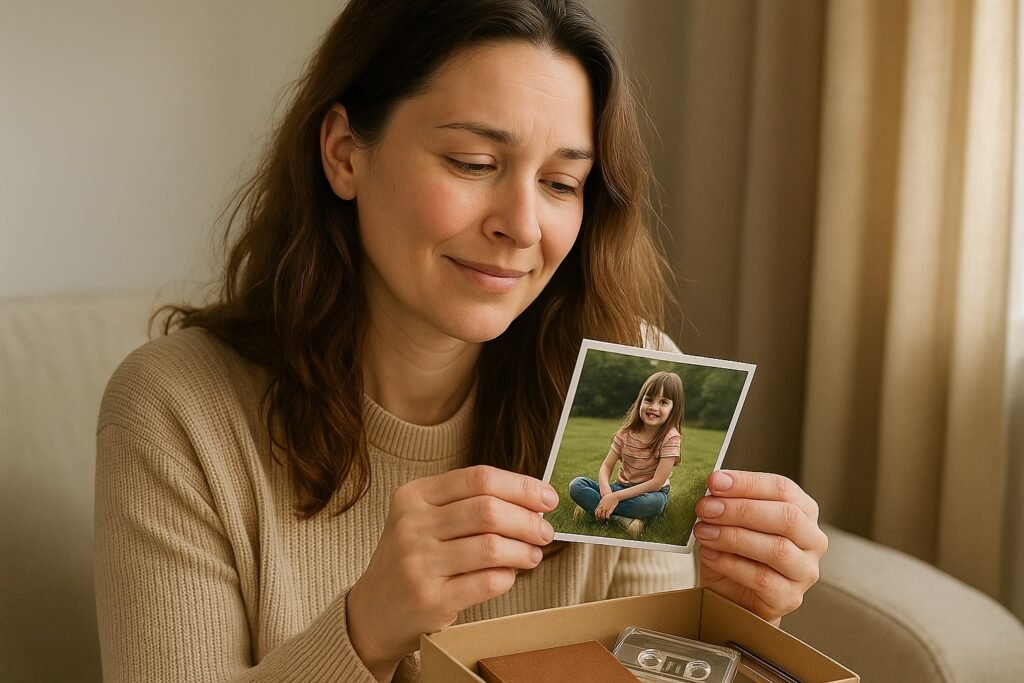 Vrouw die naar foto van vroeger kijkt