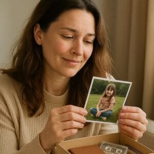 Vrouw die naar foto van vroeger kijkt